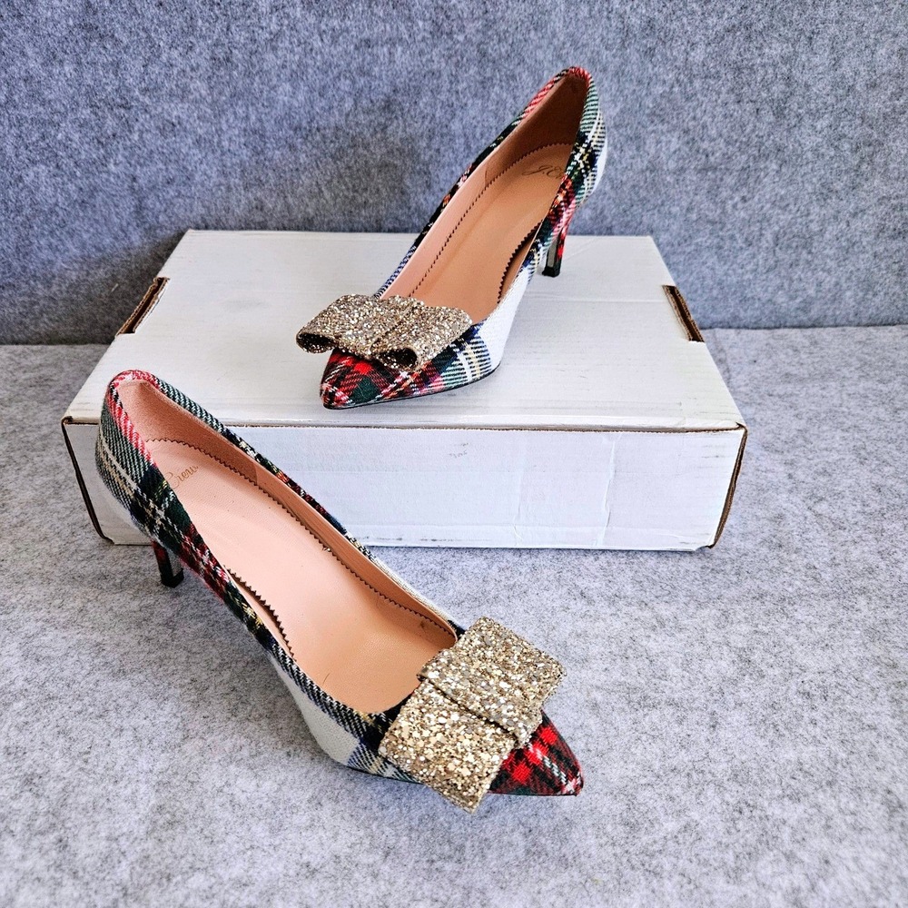J.Crew Colette Stewart Tartan Plaid Pumps Gold Glitter Bow Kitten Heels Size 7